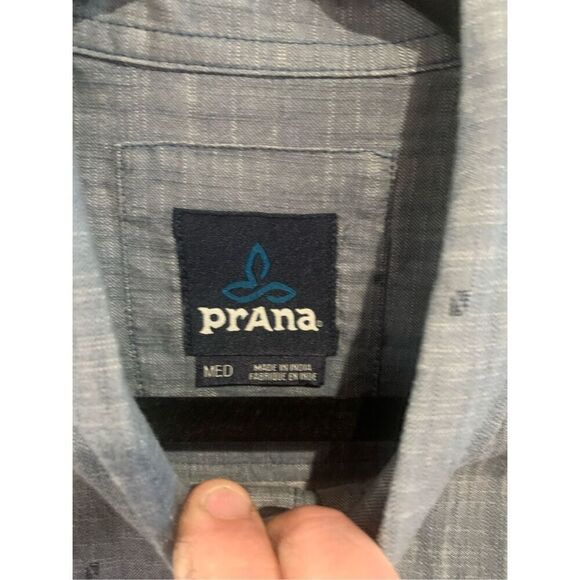 PRANA Button Down Shirt-Blue/Grey Short Sleeve Textured EUC Medium - Picture 4 of 7